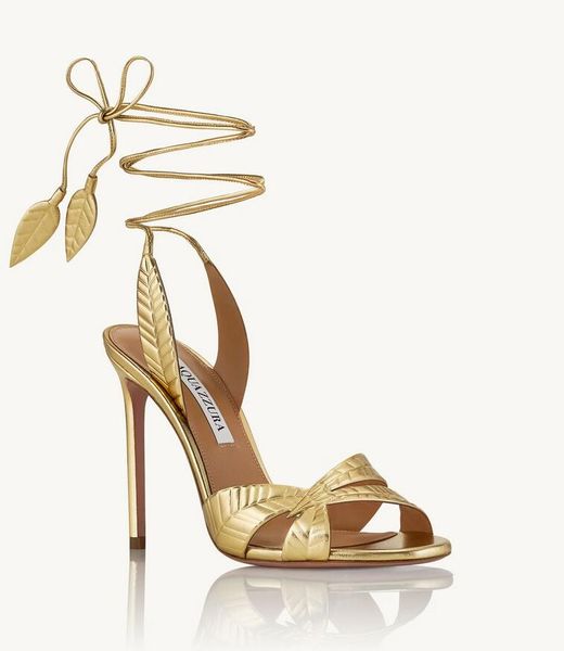 Аквацзара листовые сандалии дизайнеры каблуки на каблуки женские сандалии каблуки вечеринка свадебные одежды туфли каблука сексуальная обратная ремешок с сандал