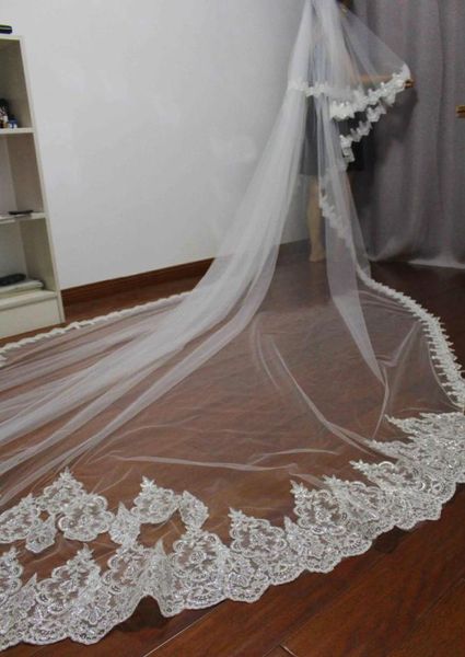 4 metros de borda completa com renda duas camadas lantejous lindas véus de casamento longos de Novia veil2902798