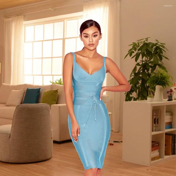 Lässige Kleider 2024 Frauen weißer Sommer mit mittlerer Länge sexy Lady Belt Spaghetti Gurt Verband Party Club gegen Neck Bodycon