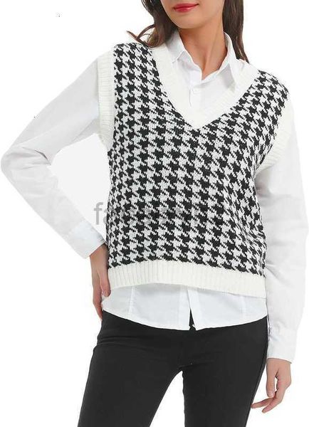 Camiseta feminina camisetas de lã de lã Houndstooth V Sweater Sweater de colar