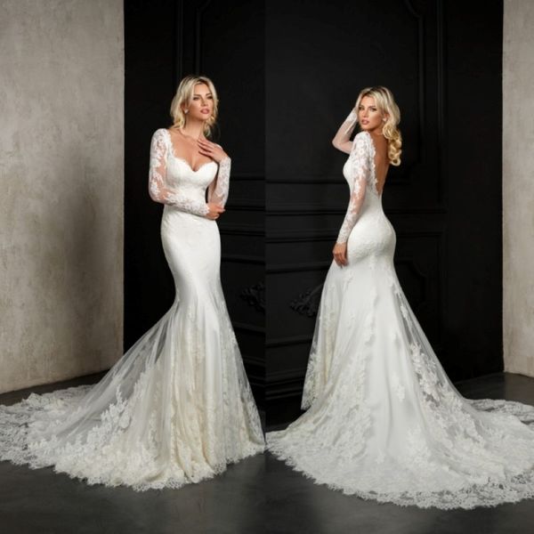 Bien versierte Brautkleider 2018 Meerjungfrau Hochzeitskleid Voller Spitze applizierter Rückenloser Strand Langarmes Brautkleider Vestido de Novia 283x