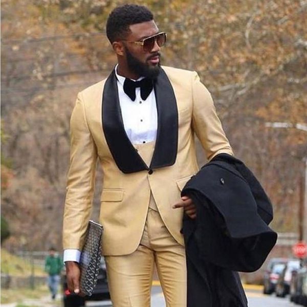 Fashion Gold Designer Mens Suits One Button Groomsmen Tuxedos Shawl Shawl Lapel Groom Suit com colete de jaqueta e calça