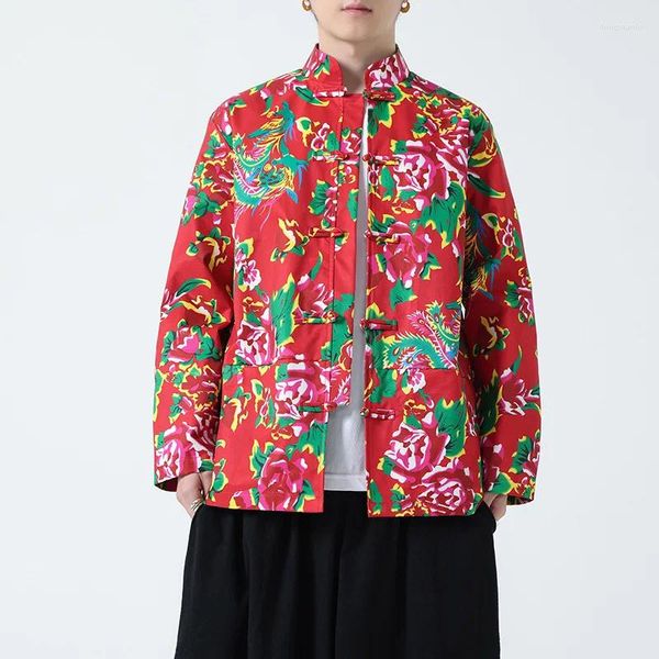 Мужские куртки 2024 китайский стиль северо -восток Большой Цветок Винтажная куртка мужская модная пуговица Tang костюм Hanfu
