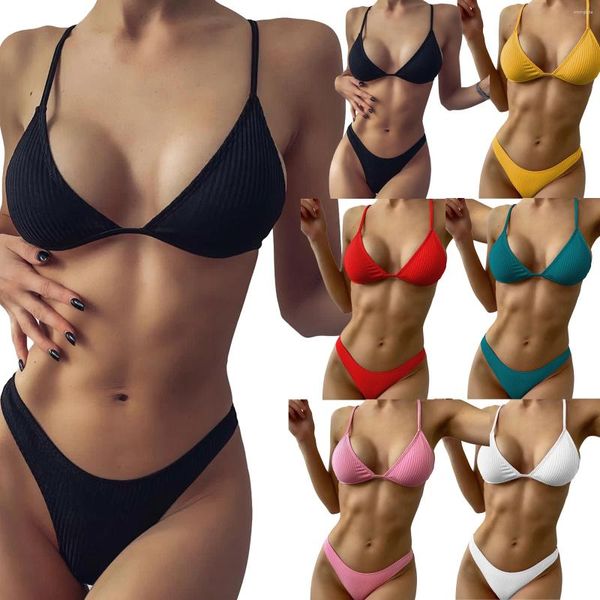 Frauen Badebekleidung Girls High Cut Bikini Set sexy kleine Tasse Frauen Rippen Badeanzug Strand Brasilianische Biquini Solid Black Micro Thong Bikinis