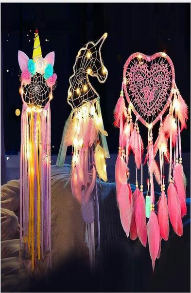 Dreamcatcher Dream LED LED HUNTH LAGE GURCHE HERDE FODE FEADER DREAM FATZER Pendellie Wall Hanging Room Dekoration gewebte Spitze WMQ1039461758