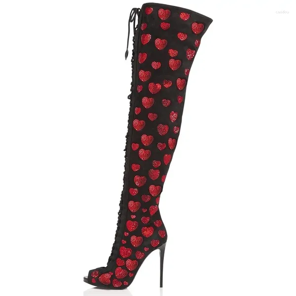 BOOTS CHEGA RED CRISTAL SOBRE O JONE ABRIL DO RIDO DE CORAÇÃO GRADIA TIGA THIGN High Black Sury Patchwork Celebring Shoes