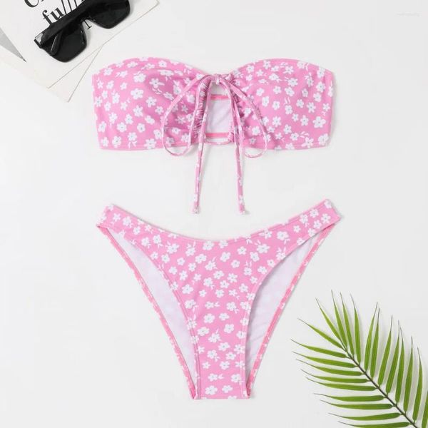 Biquíni de banho feminina Conjunto de impressão floral sexy bandeira micro tanga de cordas