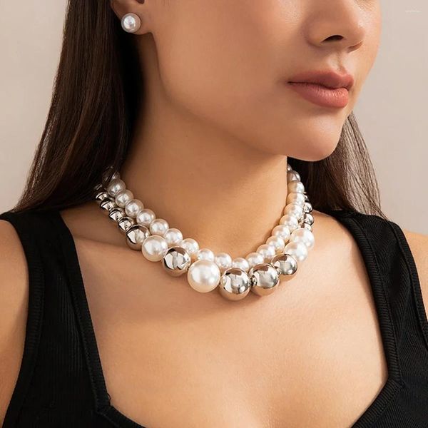 Brincos de colar Conjunto Exagerado Big CCB Ball Chain Chain curta imitação punk pérola dupla camada gargantilha jóias de casamento femininas elegantes