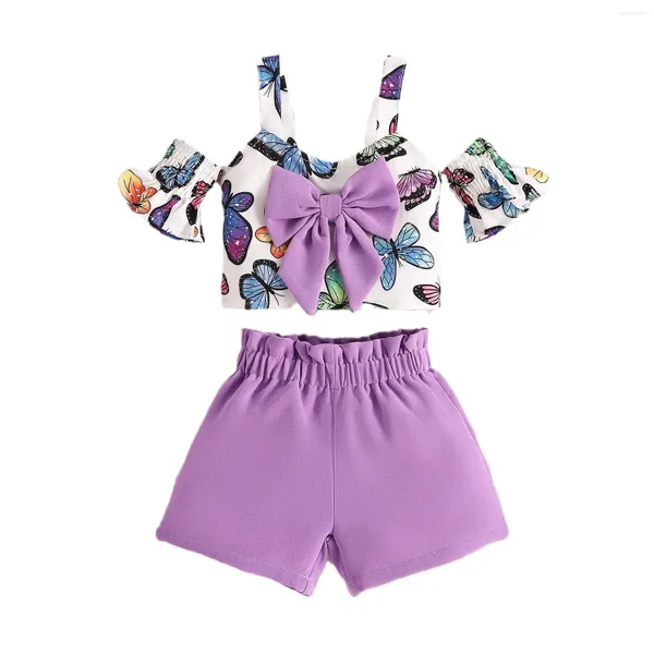 Set di abbigliamento per bambini bambine bambine stampare farfalla stampare cortometrali viola stivali abiti semplici