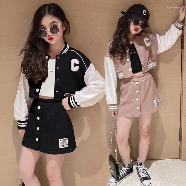 Kleidung Sets Teen Girls Baseballjacken Spring Kids Patchwork Button Schwarze Crop College -Style -Mäntel Rock 2 PCs Set Varsity Bomber Jacke