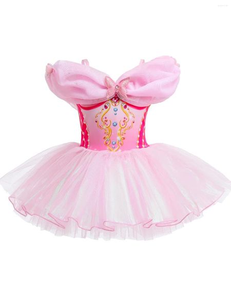 Mädchenkleider Mädchen Spaghetti Pailletten Ballett -Tanzkleid Lotard Tutu Rock Pink mit versteckter Schnallen Schmetterling Dekoration