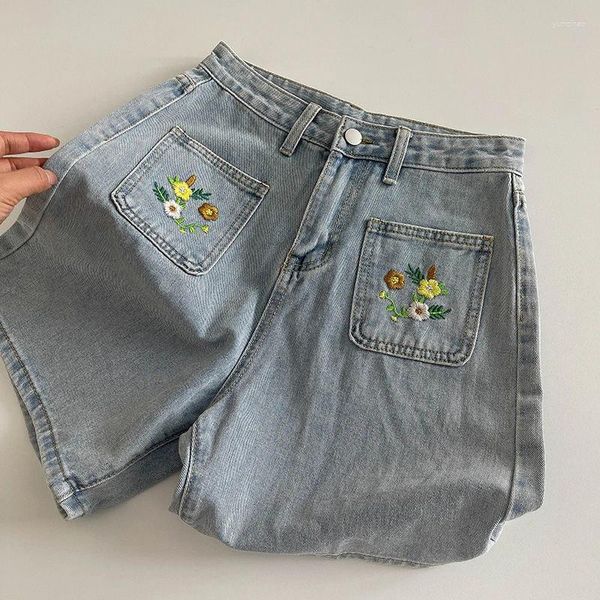 Shorts femminile Donne vintage blu denim chic ricamo floreale jeans jeans femminile versatile abiti per il tempo libero versatili