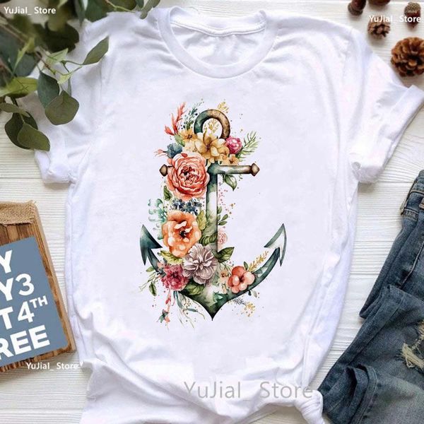 Frauen T-Shirts Anker mit Blumen Druck Hemd Mädchen cool schöne t-Shirt Frauen Sommer Mode Kurzarm T-Shirt weiblich harajuku