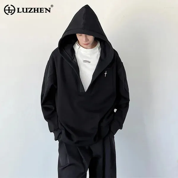 Hoodies masculinos Luzhen 2024 Spring Fashion Tops High Street Big V Neck Men Trendy Original Design American Casual Sweetshirt Lz2892