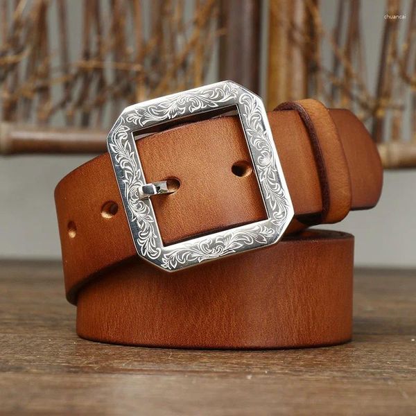 Cintos de 3,8 cm de couro de luxo puro de couro puro genuíno para homens strap machado de aço inoxidável designs de jeans retro cowboy cintos