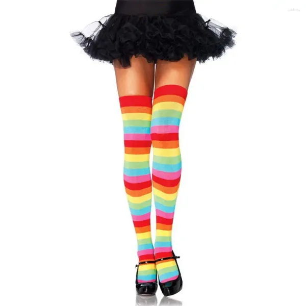 Mulheres meias adoráveis ​​poliéster sobre meias de joelho de joelheira, colorido, altíssimos meias listradas longas longas