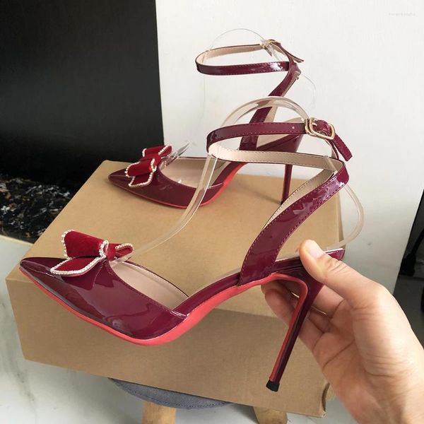 Kleiderschuhe Heelgoo Designer Wein rot mit Bogenhochschuh Sandalen Frauen sexy spitze Zehen Rückenfreier Knöchelriemen Stiletto Pumps 12 cm 10 cm 8 cm