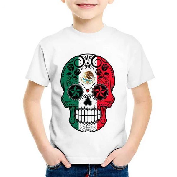 T-Shirts Moda Baskılı Meksika Bayrak Kafatası Çocuk T-Shirt Serin Yaz Kısa Kollu Tişört Erkekler/Kızlar Günlük En İyi Bebek Giyim HKP598L240509
