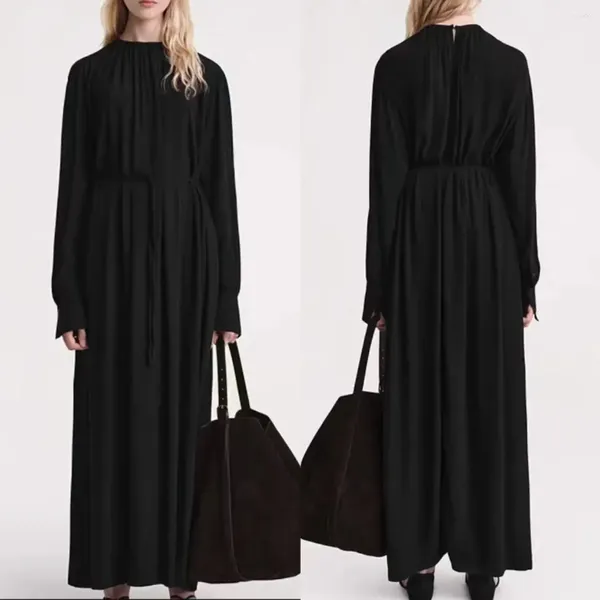 Sıradan Elbiseler Kadınlar Klasik Siyah Viskoz Maxi Elbise 2024 Sonbahar Bayanlar Uzun Kollu Bel İnce Bel Dücel