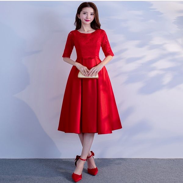Vestidos de dama de honra modesta curta vermelha com mangas meia nova vestido de chá de chá vintage para mulheres modestas vestido de festa de casamento personalizado 241V