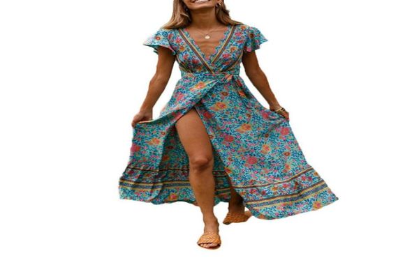 Boho çiçek baskısı uzun maxi kadınlar şifon tulum bölünmüş yaz plajı v boyun kısa kollu bayanlar sarar playsits robe femme 2019 y17282476