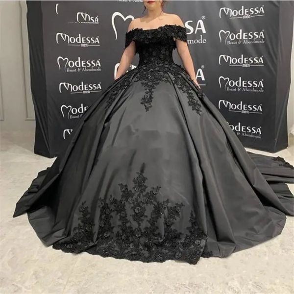 Gotische schwarze Hochzeitskleider Ballkleid von der Schulter Kurzarm Perlen -Spitze Korsett Rücken Vestidos de Novia Brautkleider BC12356