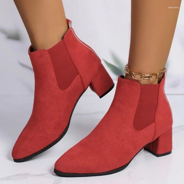 Botas Red Women Feminino 2024 Autumn Winter Solid Simple Ladies Sapatos formais formais de camurça quadrada Camurça no tornozelo para mulheres