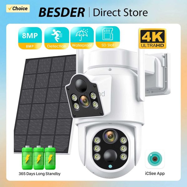 IP -камеры Besder 8MP 4K Solar Wireless IP -камера с 7800 мАч батареи на открытом воздухе HD 4MP Dual Lens Wi -Fi IP Camara Solar Panel Safety D240510