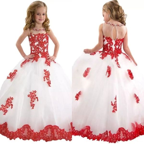 Prenses Kızlar Pageant Elbiseleri Yüksek kaliteli şeffaf boyun parlak boncuklar kırmızı dantel ve beyaz tül anahtar deliği arka küçük kızlar balo elbisesi Dr 2029
