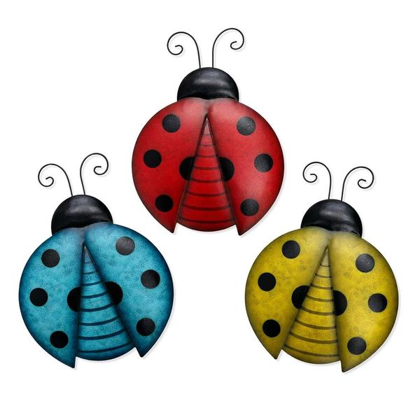 Scwhousi metal joaninhas decoração de parede ao ar livre, decoração de jardim pendurada para cerca, quintal, pátio, sala de estar, quarto, amarelo azul vermelho