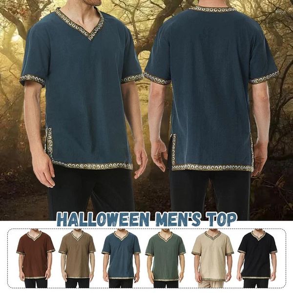 Camisas casuais masculinas medieval retro homens piratas camisa renascentista traje de falha de moda Cavaleiros de mangas curtas soltas top