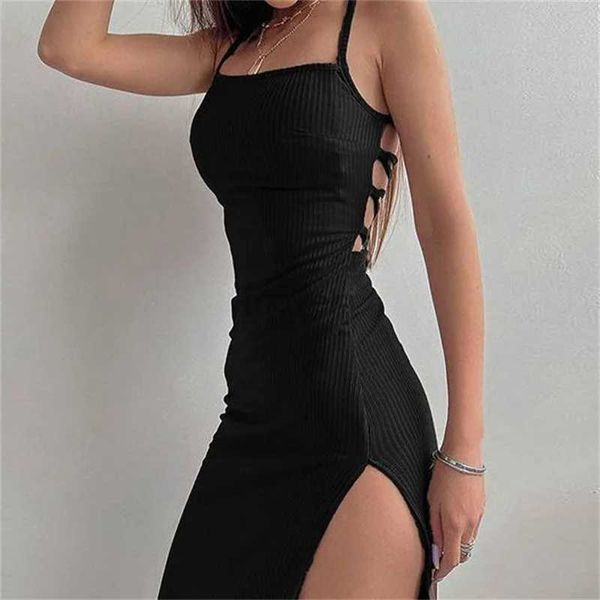 Vestidos urbanos sexy vestido preto preto longa e apertado para feminino de verão sem mangas com alças sem alças vestido de ombro de alça