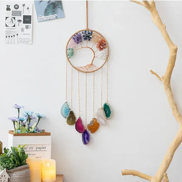 Dekorative Figuren 7 Chakra Buntes Baum des Lebens Traumfänger Heilung Achat natürlicher Kristallsteinfänger Wanddekoration für Schlafzimmer Idee