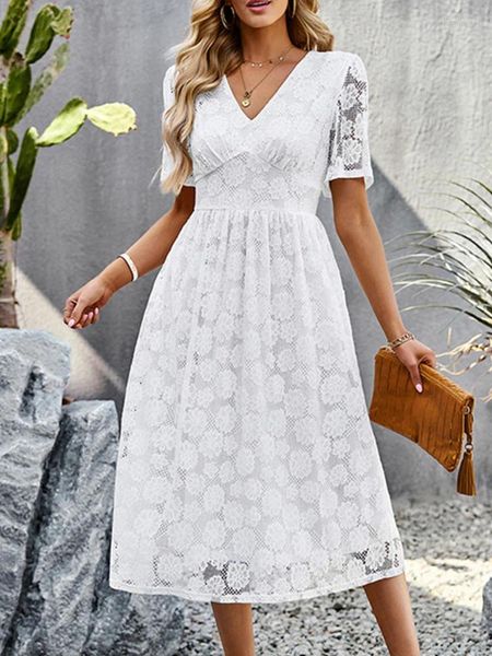 Partykleider Blumensticke weiße Kleid Frauen Sommer Casaul Kurzarm Spitze Ladies Elegante Mode lässig Slim Tunika