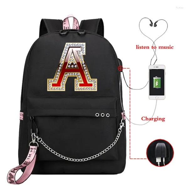 Backpack Diamond 26 Alphabet Women Backpacks School for Student Book Bagpack Girls Girls Kawaii Laptop Book Pack Mochilas