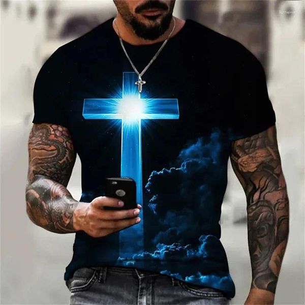 Erkek Tişörtleri Gotik İsa Mesih Cross 3D baskı o boyun boyunlu kısa kollu T-Shirt Vintage Hip Hop Üstleri Giyim T-Shirts 2xs-6xs