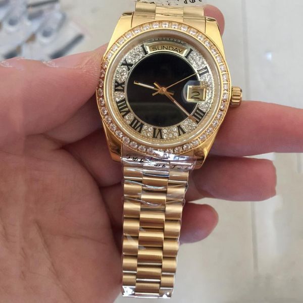Orologi da uomo New Golden 18k Gold Men Automatic Watch Full Diamond Faphire Solid Cint 36mm 253G