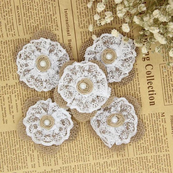 Dekoratif çiçekler 5pcs 7cm vintage doğal jüt çuval bezi Hessian çiçek dantel kurdele düğün dekorasyon rustik mariage elbise