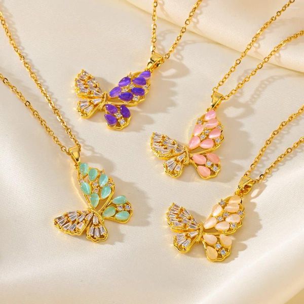 Pingentes colar de aço inoxidável de borboleta colorida com zircão 18k ouro banhado a água impermeável jóias para mulheres para mulheres filha filha