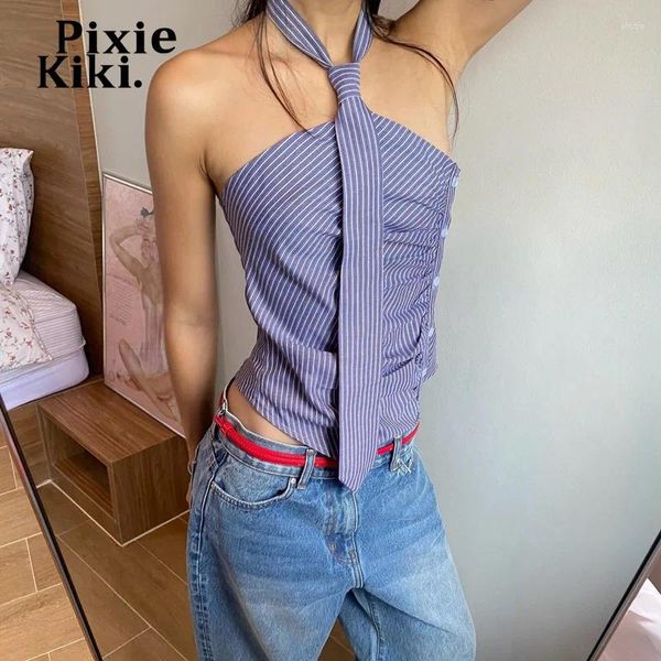 Frauen Tanks Pixiekiki Blue Stripe Printed Tie Design Button Up Crop Top Shirt Asymmetrische Tanktops Y2K Koreanische Modekleidung p33-bg10