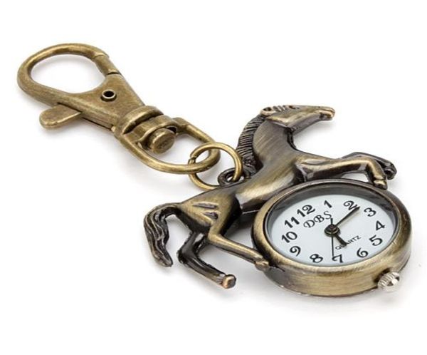 Mode Männer Frauen Pferd Anhänger Keychain Key Ring Quarz Tasche Watch Bronze Anhänger Lebend rennen niedliche Tierquarz Analog Pocke6537163