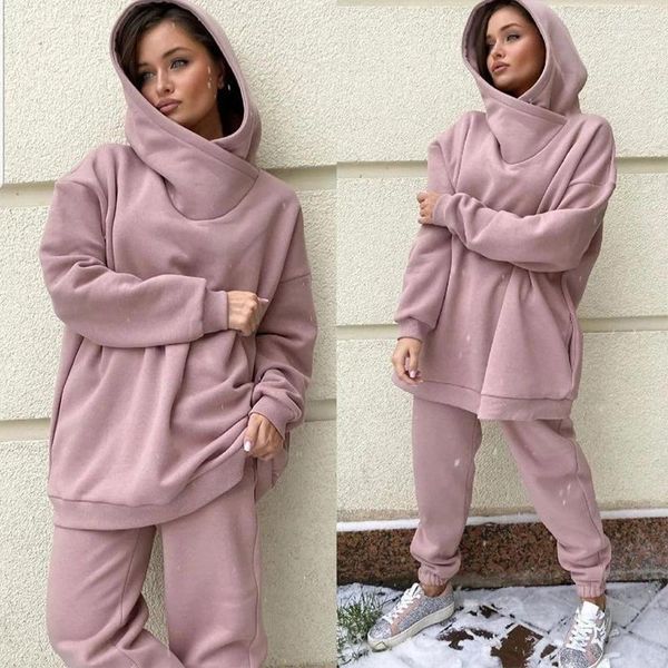 Damen zweisteuelhafte Hosen Herbst und Winter 2024 warme Lady Freizeit Sportanzug Feste Farbe Runde Nacken Sweatshirt Tragen Sets für 2 Stücke