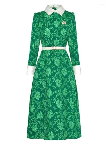 Vestidos casuais primavera outono moda pista verde vintage jacquard vestido mulheres lapela manga longa faixas de broche