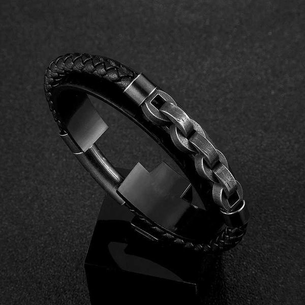 Charm Armbänder Mkendn Lokomotive Männer Punk Fahrradketten Armband Armband Mode Echte Lederarmbänder Edelstahl Magnet Schnalle Y240510