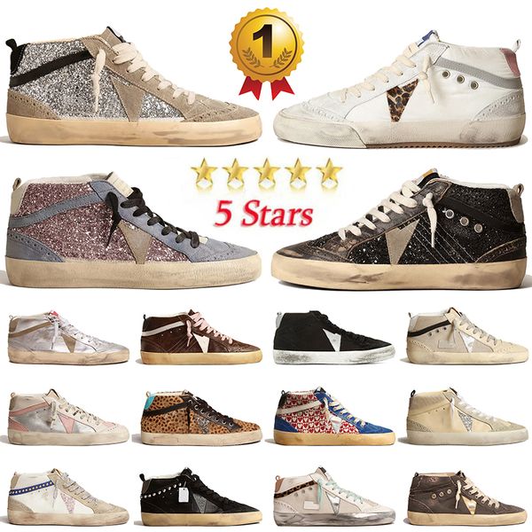 Designer Sapatos casuais de alta qualidade camurça de camurça mid slide plataforma mocassins glitter Gold Gold Itália Marca Dirty Old Star Sneakers Top Treiners Chaussure