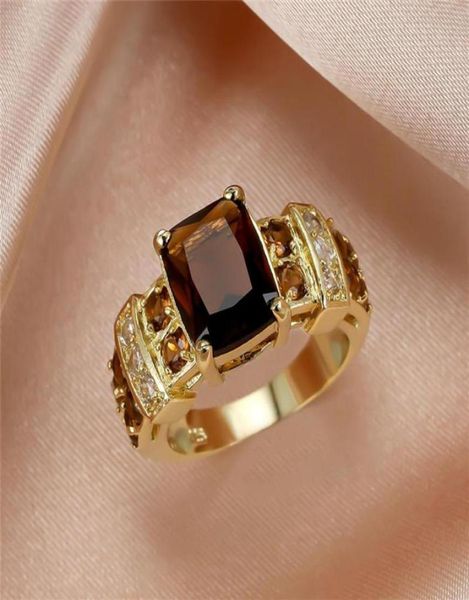Обручальные кольца Большой квадратный кофе циркон коричневый камень для женщин мужские ювелирные изделия винтажные моды желтое золото хрустальное кольцо кольца валентинки.