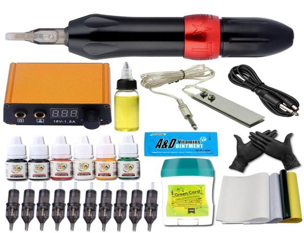 Professionelles Rotary Pen Tattoo Kit 6 Farbmaschinen Maschinengewehrtinten Set LCD Mini Power Patronennadelgeräte Lieferungen 3644658