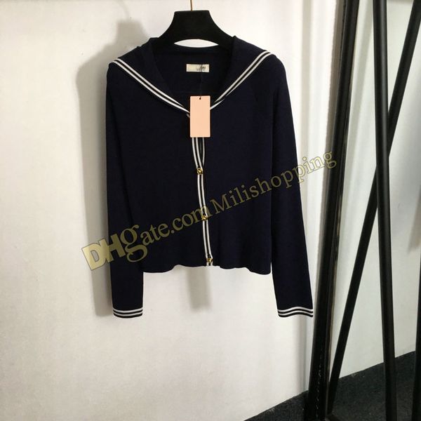 Cardigan de tencel 100% para mulher bordada letra de colarinho marinho de colarinho azul longo dos saltadores de partido de primeira linha