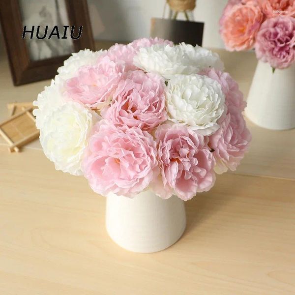 Flores decorativas 5pcs/grupo de seda branca peony artificial bouquet Decoração de casamento Fake Rose Flower para decoração de festa em casa rosa