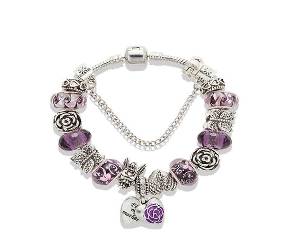 Bracciale a ciondolo di cristallo viola delicato adatto per set di scatole originali placcate in argento farfalla angola fattiera Braccialetta perline perline.